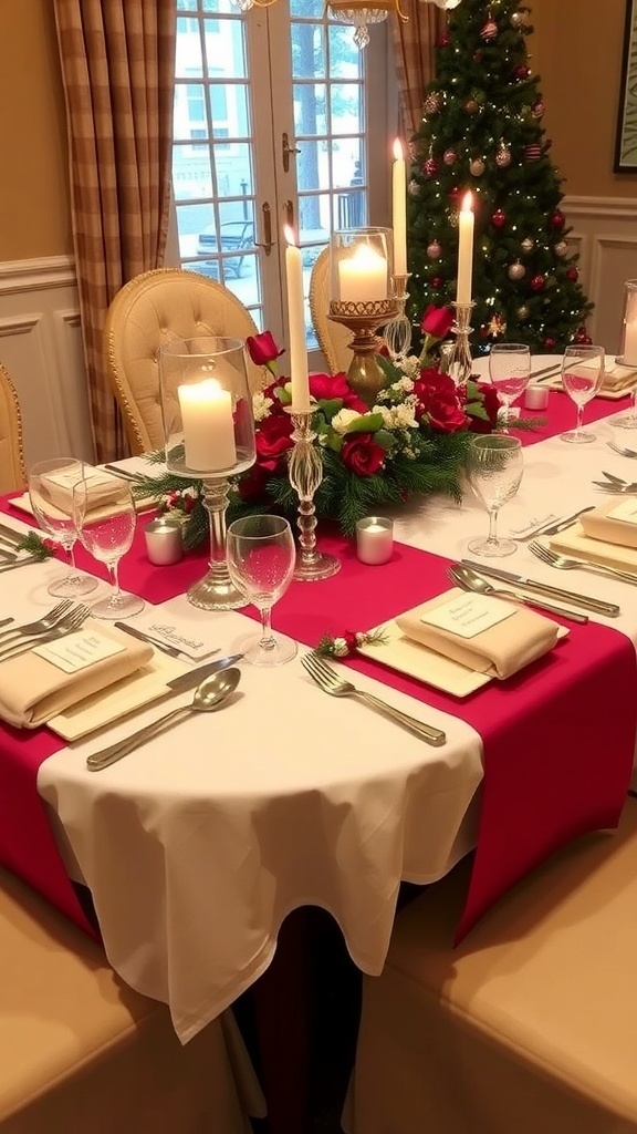 Sophisticated Christmas Table Setting Ideas An elegant Christmas table setting with a white tablecloth, red runner, evergreen centerpiece, and gold accents.
